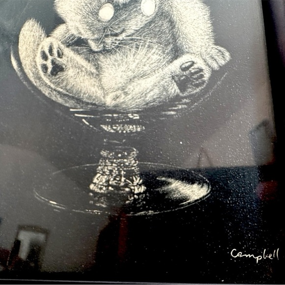 VTG Framed Sleeping Kitten in Glass Signed By Artist Campbell with Black Frame - Picture 2 of 4